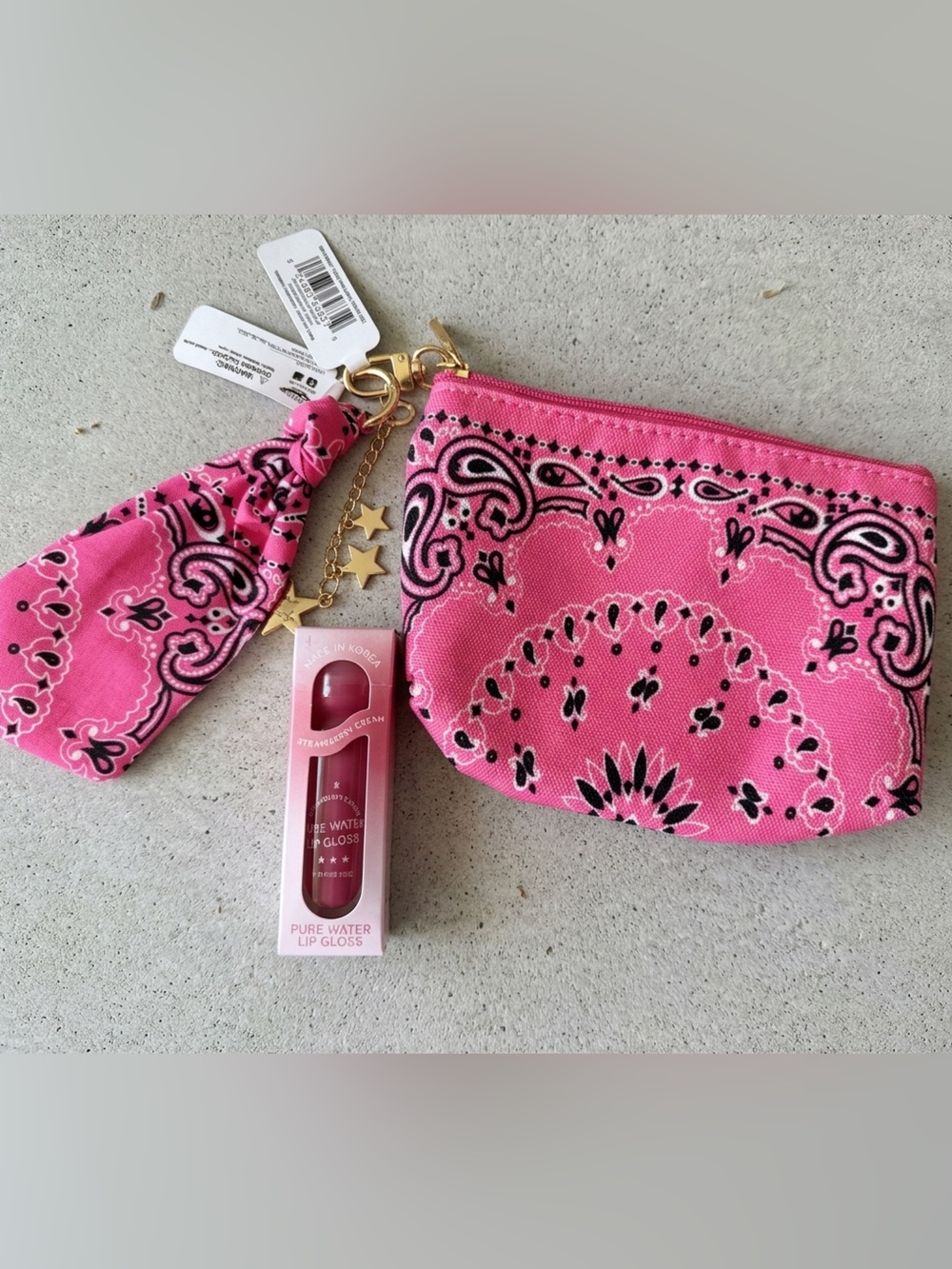 Pink Bandana-Print Wristlet Pouch with Lip Gloss